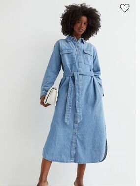 Washed Light Blue Denim Shirt Midi Dress with Tie Belt